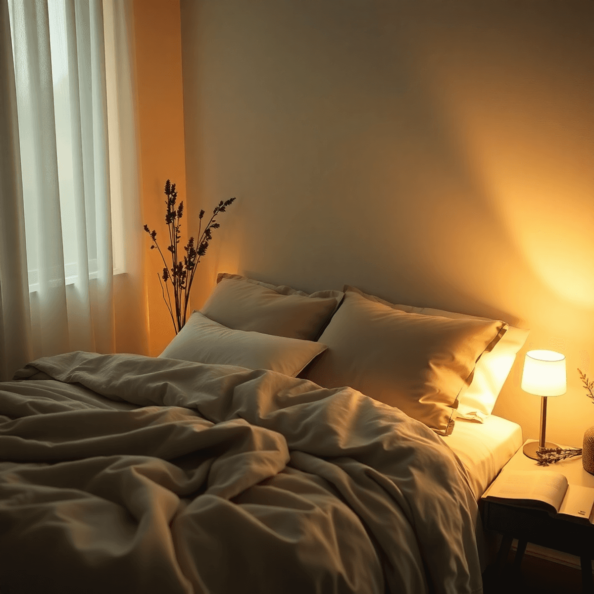Cozy bedroom with warm lighting, plush bed, bedside table with lamp and book, and calming plants creating a peaceful sleep atmosphere.