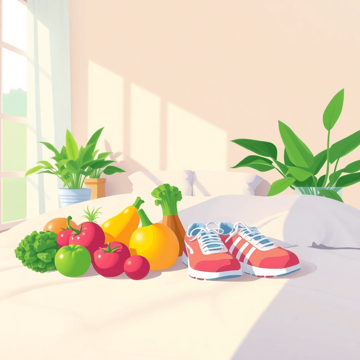 Illustration of balanced lifestyle with fresh fruits, vegetables, running shoes, cozy bed, green plants, and soft sunlight symbolizing health and w...