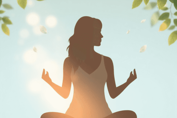 The Connection Between Mental Health and Physical Wellness Silhouette of a woman meditating surrounded by leaves and soft light, symbolizing harmony between mental health and physical well-being.
