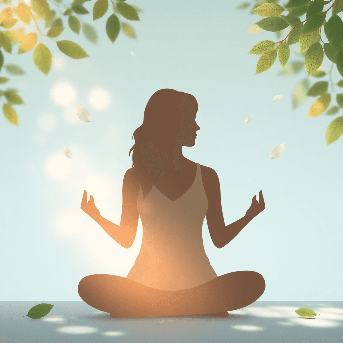 Silhouette of a woman meditating surrounded by leaves and soft light, symbolizing harmony between mental health and physical well-being.