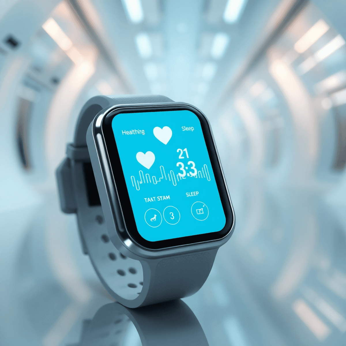 Smartwatch displaying heart rate and sleep data on screen, set against a clean, futuristic background symbolizing advanced health monitoring.