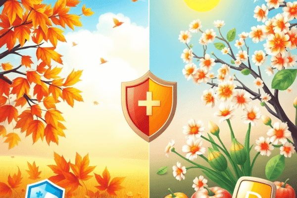 Proven Ways to Boost Immunity During Seasonal Changes Split scene illustration of autumn leaves and spring blossoms with immune health symbols like a shield, vitamin D capsules, and healthy foods in a ...
