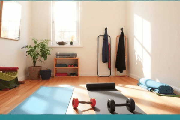 How to Build a Sustainable Home Workout Routine Sunlit home workout space with yoga mats, dumbbells, and resistance bands neatly arranged for a bright, inviting fitness area.