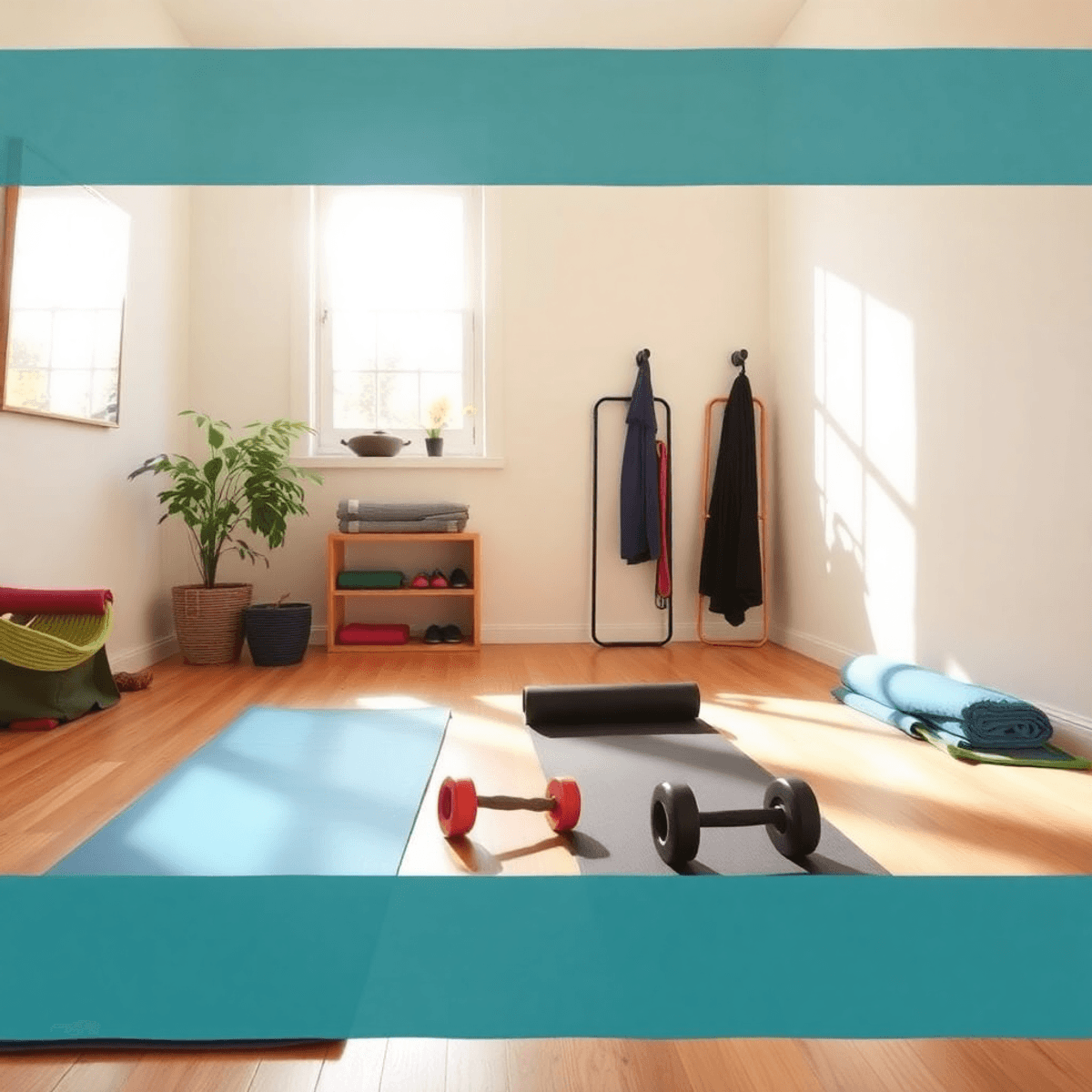Sunlit home workout space with yoga mats, dumbbells, and resistance bands neatly arranged for a bright, inviting fitness area.