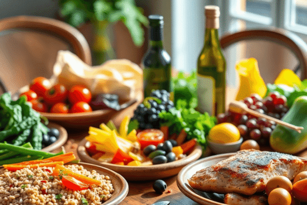 Mediterranean Diet Dinner Ideas: What You Need to Know A Mediterranean dinner table with colorful vegetables, whole grains, lean proteins, olives, olive oil bottle, rustic ceramic dishes, and natural li...
