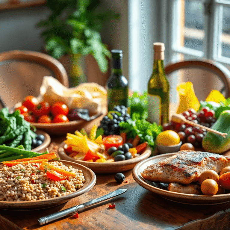 A Mediterranean dinner table with colorful vegetables, whole grains, lean proteins, olives, olive oil bottle, rustic ceramic dishes, and natural li...