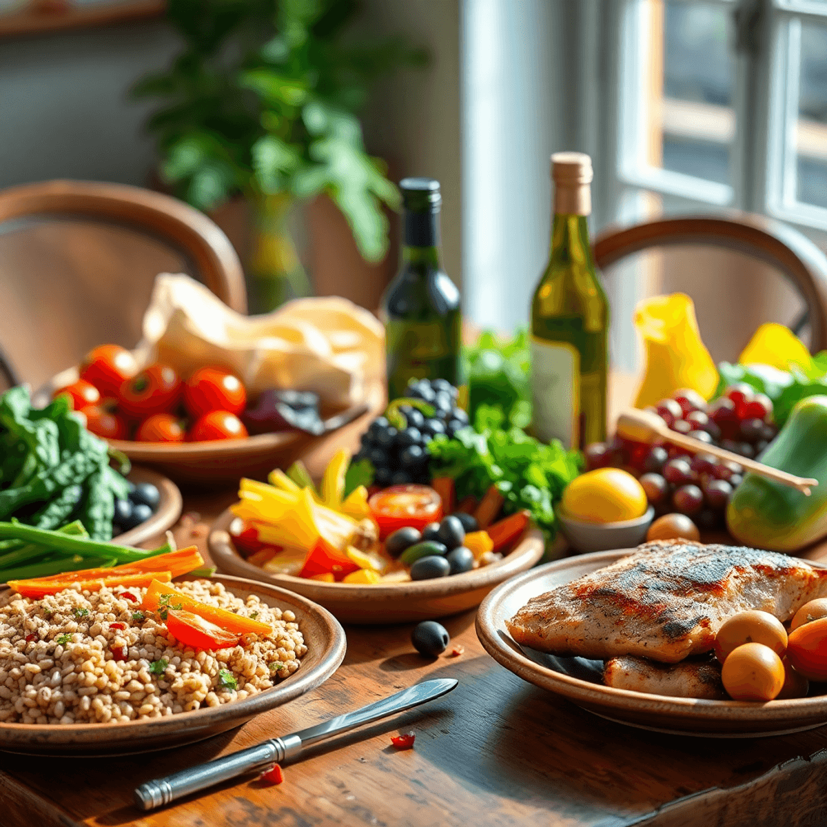 A Mediterranean dinner table with colorful vegetables, whole grains, lean proteins, olives, olive oil bottle, rustic ceramic dishes, and natural li...