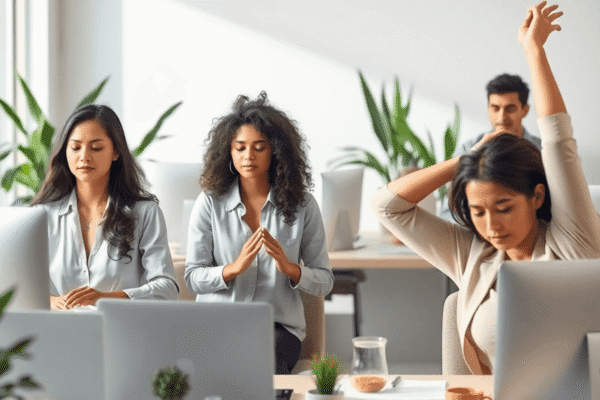 How to Build a Sustainable Self-Care Plan for Busy Professionals A calm workspace with professionals practicing mindful breathing, stretching, and enjoying healthy snacks, surrounded by plants and soft natural li...