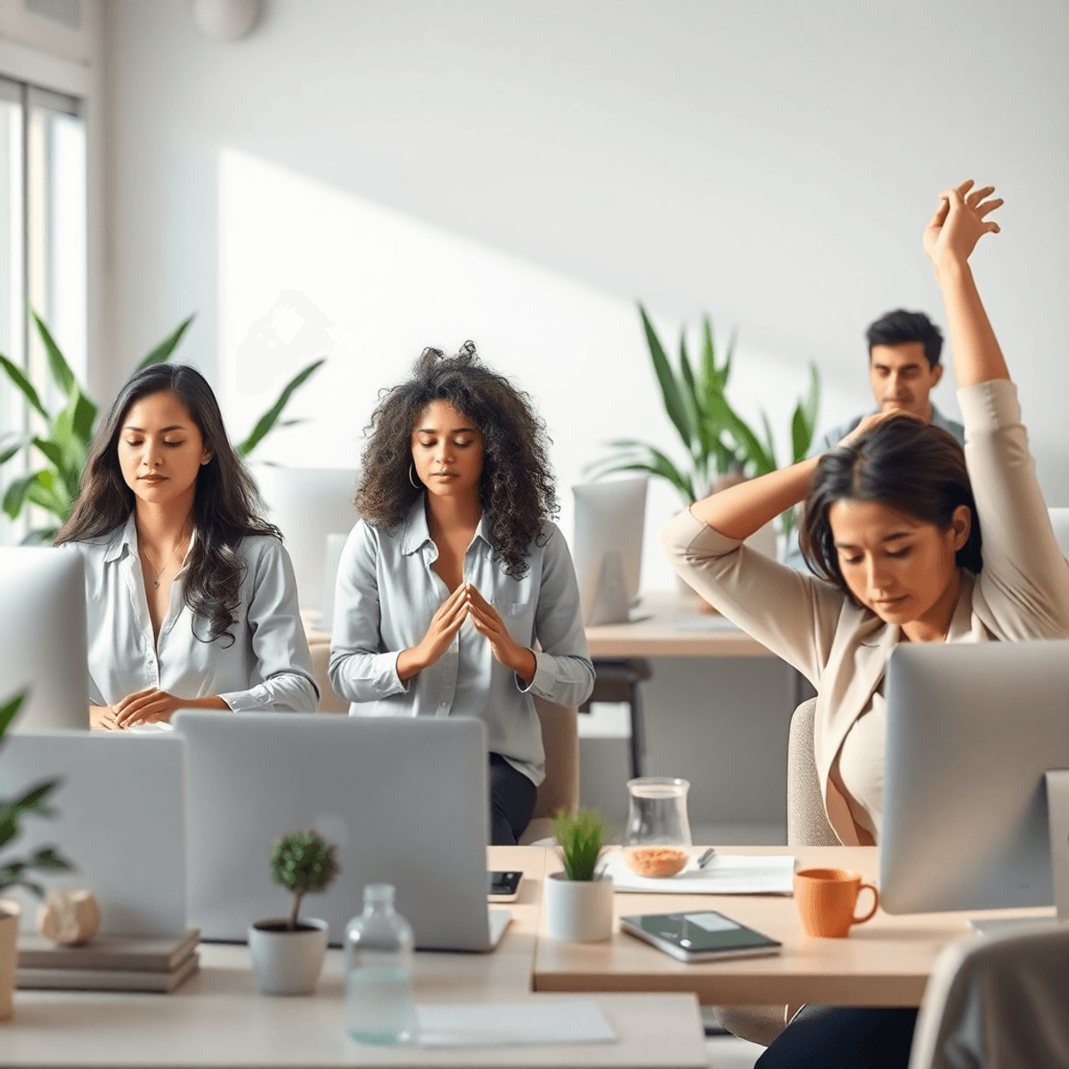 A calm workspace with professionals practicing mindful breathing, stretching, and enjoying healthy snacks, surrounded by plants and soft natural li...