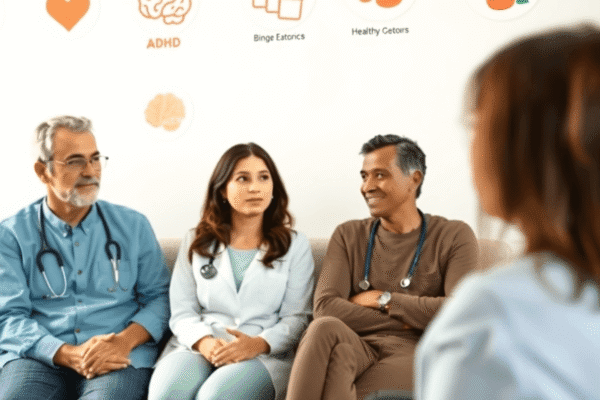 Adhd And Binge Eating: What You Need to Know A calming healthcare setting with people in a counseling session, medical professionals, and subtle ADHD and binge eating disorder symbols in the b...