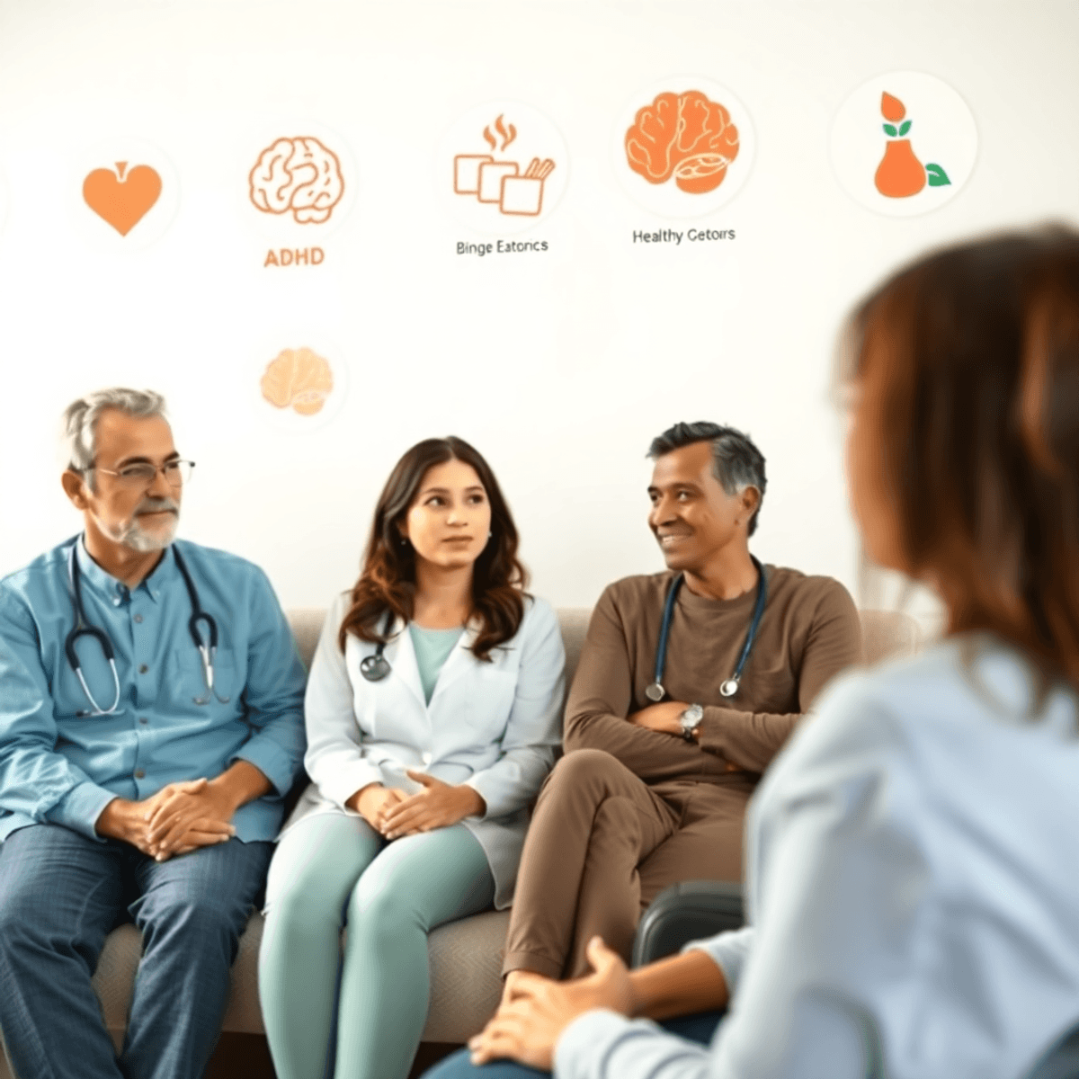 A calming healthcare setting with people in a counseling session, medical professionals, and subtle ADHD and binge eating disorder symbols in the b...