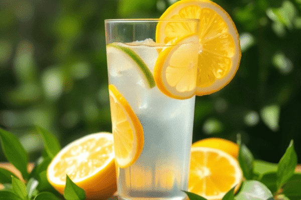 Hydration Hacks: How Much Water Do You Really Need? A clear glass of water with lemon slices on a wooden table, surrounded by green leaves and bright sunlight.