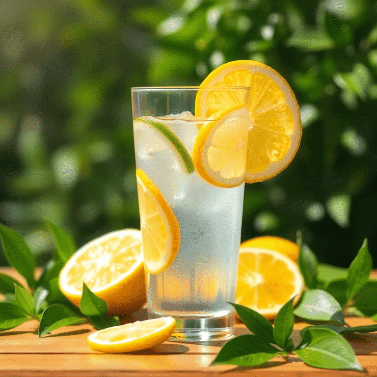 A clear glass of water with lemon slices on a wooden table, surrounded by green leaves and bright sunlight.