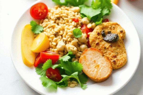 Does Ibs Cause Weight Loss: What You Need to Know A colorful balanced meal with fresh vegetables, whole grains, and lean proteins on a white plate, symbolizing healthy eating for IBS and weight man...
