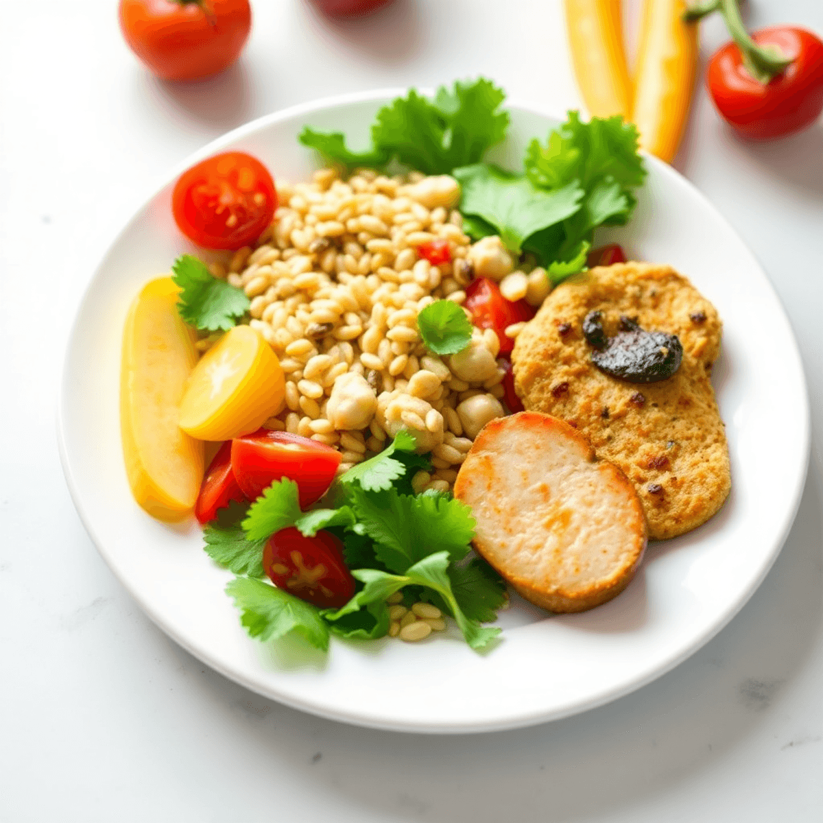 A colorful balanced meal with fresh vegetables, whole grains, and lean proteins on a white plate, symbolizing healthy eating for IBS and weight man...