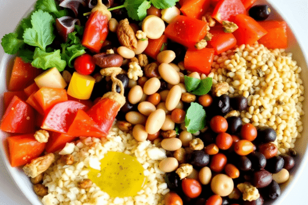 Vegan Mediterranean Diet: What You Need to Know A colorful plate of fresh Mediterranean vegetables, legumes, grains, nuts, and olive oil in a vibrant, realistic style.