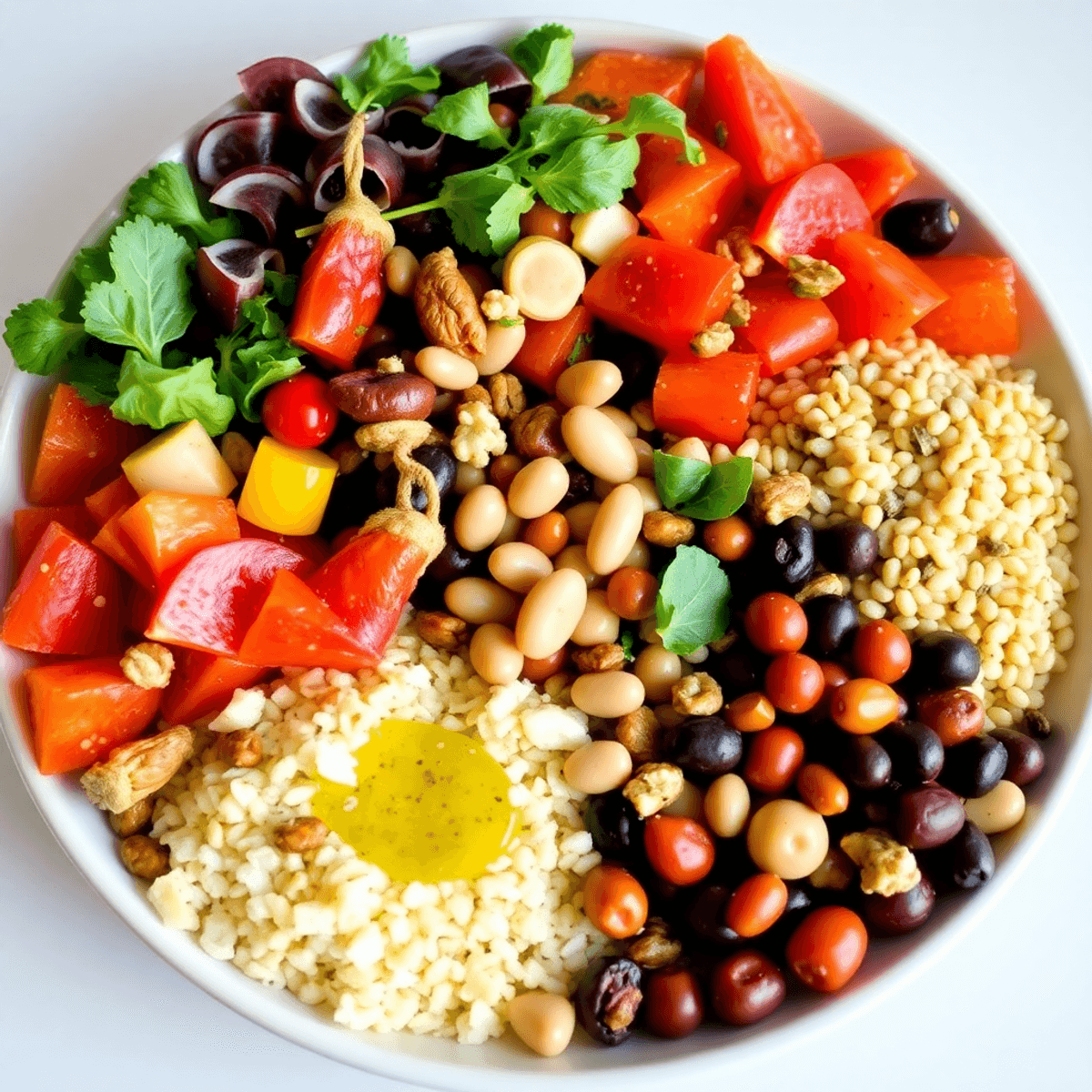 A colorful plate of fresh Mediterranean vegetables, legumes, grains, nuts, and olive oil in a vibrant, realistic style.