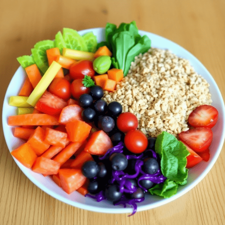 A colorful plate with fresh vegetables, fruits, whole grains, and lean proteins arranged on a wooden table, showcasing a healthy DASH Diet meal.