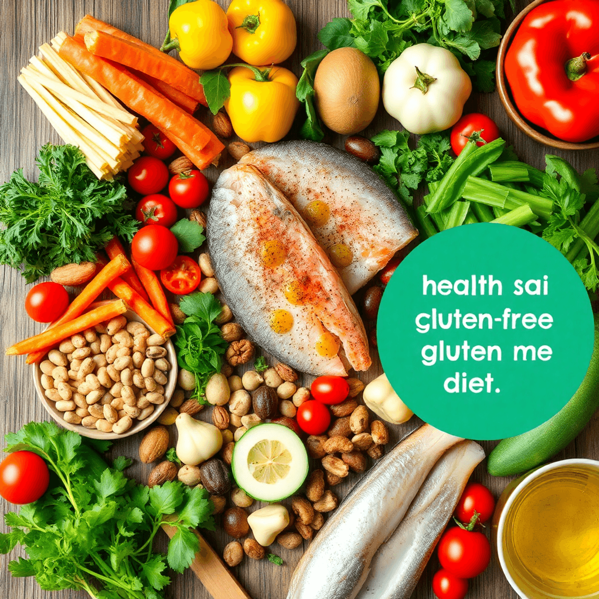 A colorful spread of fresh Mediterranean foods including vegetables, fruits, fish, nuts, legumes, and olive oil on a rustic wooden table.