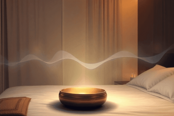 How Sound Therapy Can Enhance Relaxation and Sleep Quality A cozy bedroom with warm lighting, Tibetan singing bowls, and gentle sound waves symbolizing calming frequencies for relaxation and peaceful sleep.