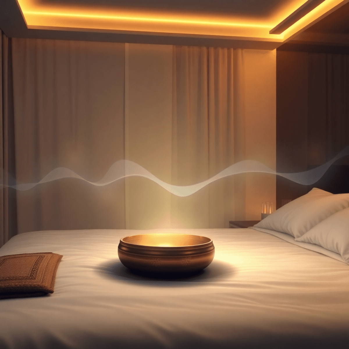 A cozy bedroom with warm lighting, Tibetan singing bowls, and gentle sound waves symbolizing calming frequencies for relaxation and peaceful sleep.