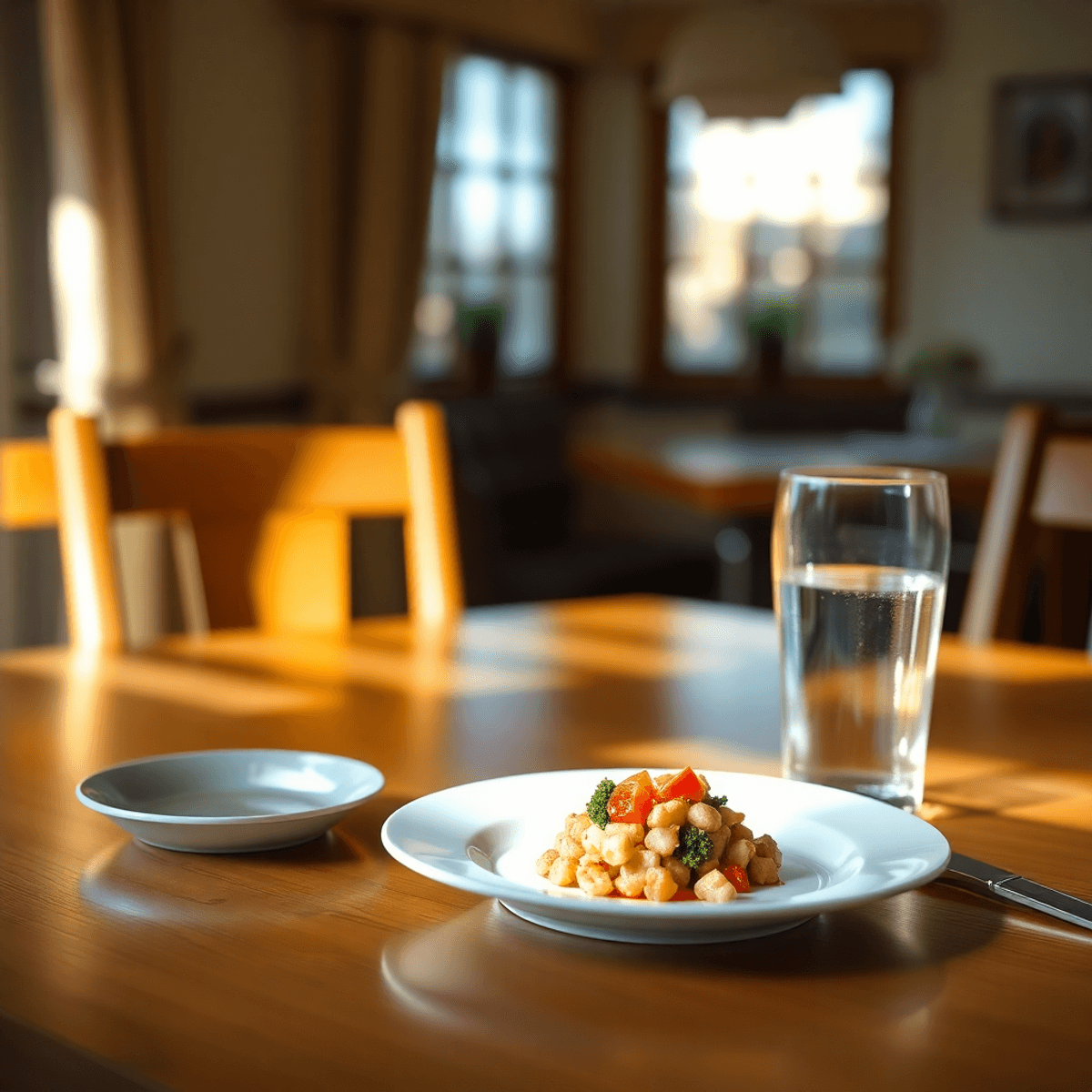 A cozy dining table with natural light, a simple plate of nutritious food, and a glass of water, symbolizing care during mealtime.