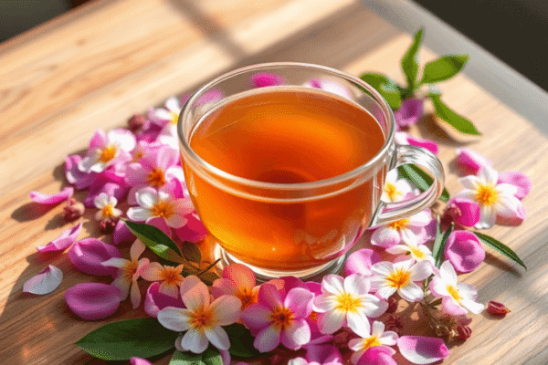Calming Tea: What You Need to Know A cup of herbal tea on a wooden table, surrounded by flower petals and leaves, bathed in soft natural light, creating a peaceful and relaxing scene.