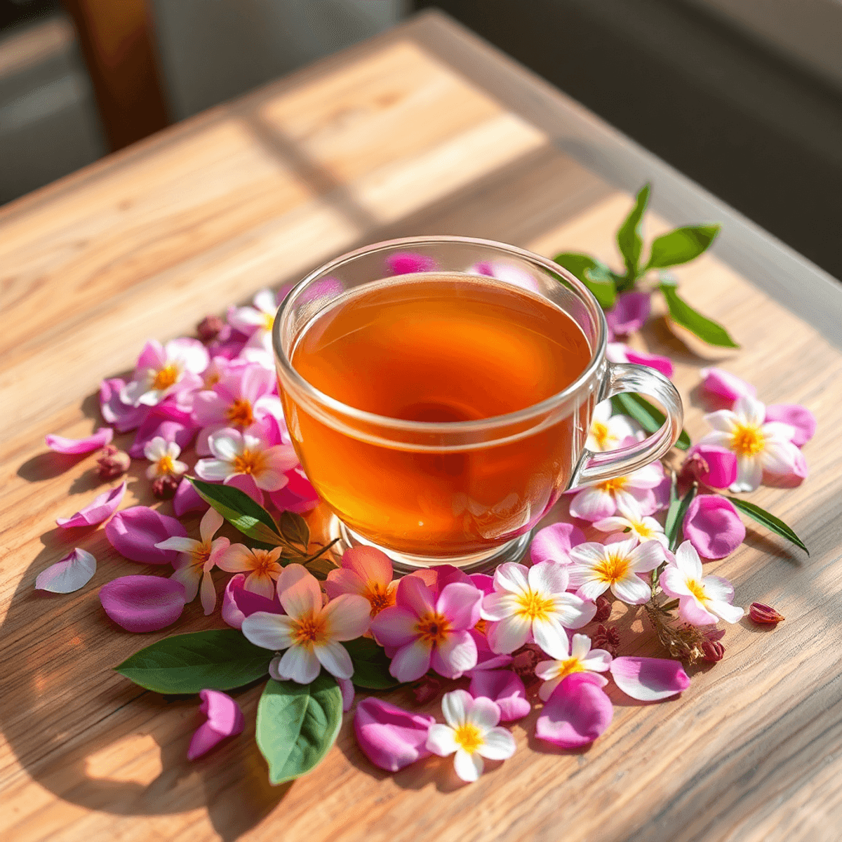A cup of herbal tea on a wooden table, surrounded by flower petals and leaves, bathed in soft natural light, creating a peaceful and relaxing scene.