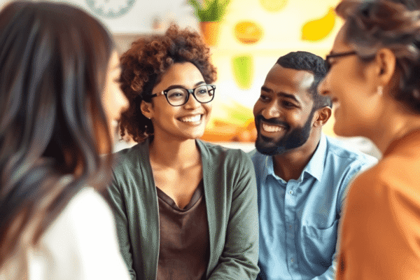 Ocd And Eating Disorders: What You Need to Know A diverse group in a bright clinic engaged in supportive conversation, with brain icons and healthy foods subtly displayed in the background.