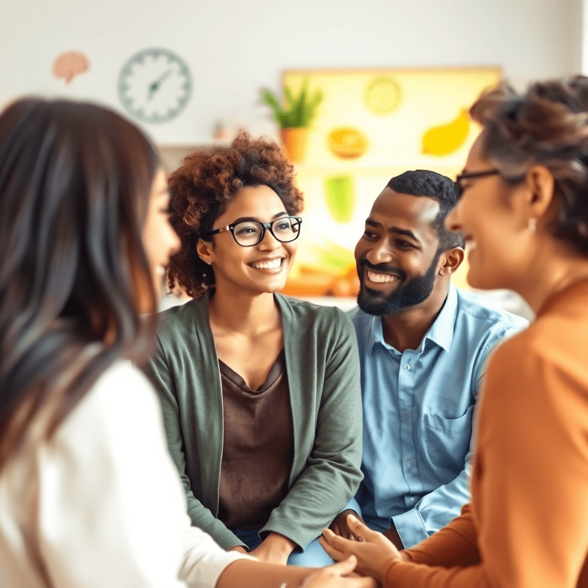 A diverse group in a bright clinic engaged in supportive conversation, with brain icons and healthy foods subtly displayed in the background.