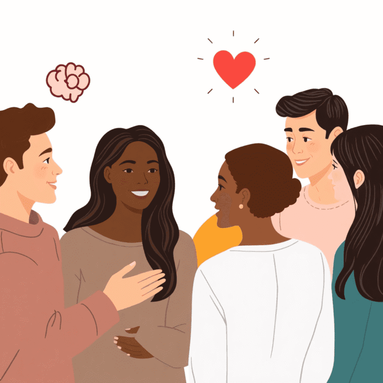 A diverse group in a supportive conversation about mental health with calming colors and symbols of a brain and heart, depicted in a realistic style.
