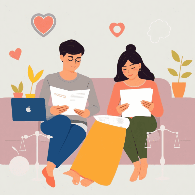 A diverse group peacefully seated with financial documents and a laptop, surrounded by health symbols like a heart, plant, and balanced scales.