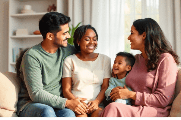 Coping with Caregiver Burnout: Strategies for Family Wellness A family sharing a warm, supportive moment at home with soft natural light and calming colors, symbolizing care and emotional support.