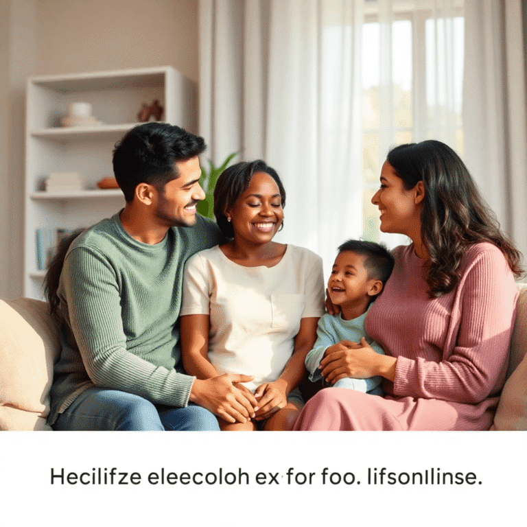 A family sharing a warm, supportive moment at home with soft natural light and calming colors, symbolizing care and emotional support.