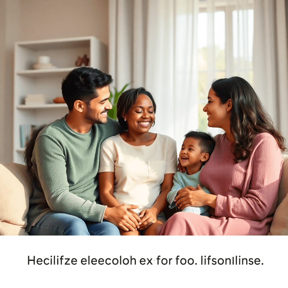A family sharing a warm, supportive moment at home with soft natural light and calming colors, symbolizing care and emotional support.