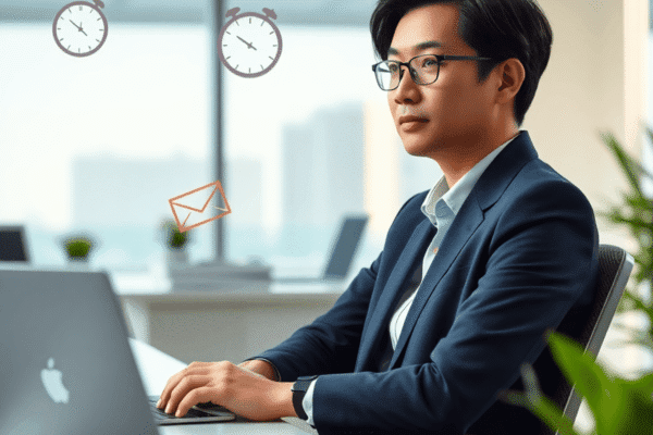 How To Handle Anxiety At Work: What You Need to Know A focused professional at a desk in a modern office with floating clocks and emails, soft natural light, and greenery symbolizing managing workplac...