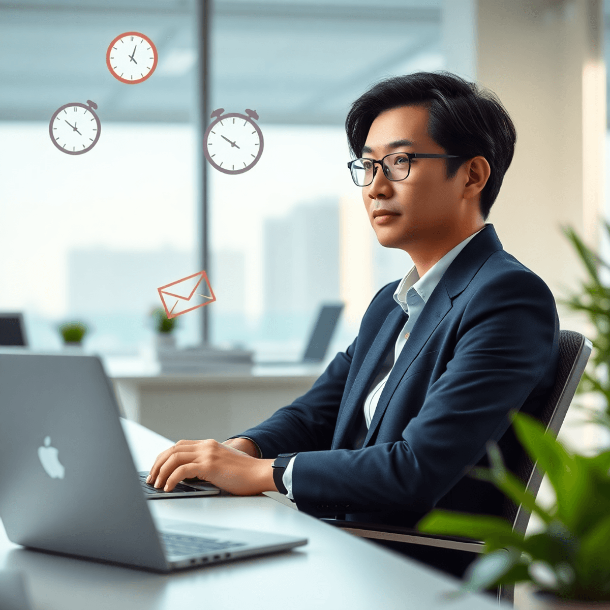A focused professional at a desk in a modern office with floating clocks and emails, soft natural light, and greenery symbolizing managing workplac...