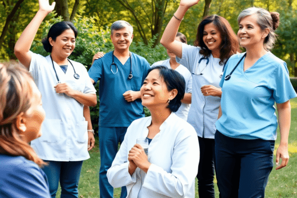 Take Care Of Yourself: What You Need to Know A group of caregivers outdoors enjoying a peaceful break, stretching, drinking water, and sharing supportive smiles in a natural setting.