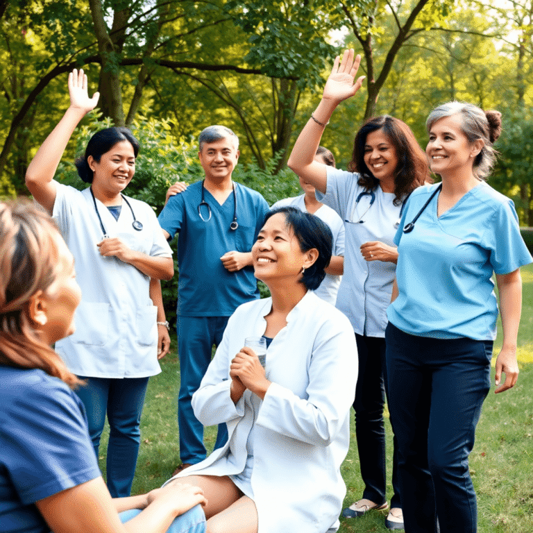A group of caregivers outdoors enjoying a peaceful break, stretching, drinking water, and sharing supportive smiles in a natural setting.