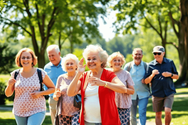 Healthy Aging: Nutrition, Exercise, and Mindset Tips for Longevity A group of middle-aged and elderly people walking, stretching, and sharing healthy meals in a sunny park, promoting nutrition, exercise, and positi...