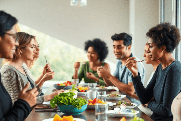 Best Mindful Eating Strategies for Maintaining a Healthy Weight A group of people enjoying a calm meal with fresh fruits and vegetables under soft natural light in a peaceful dining setting.