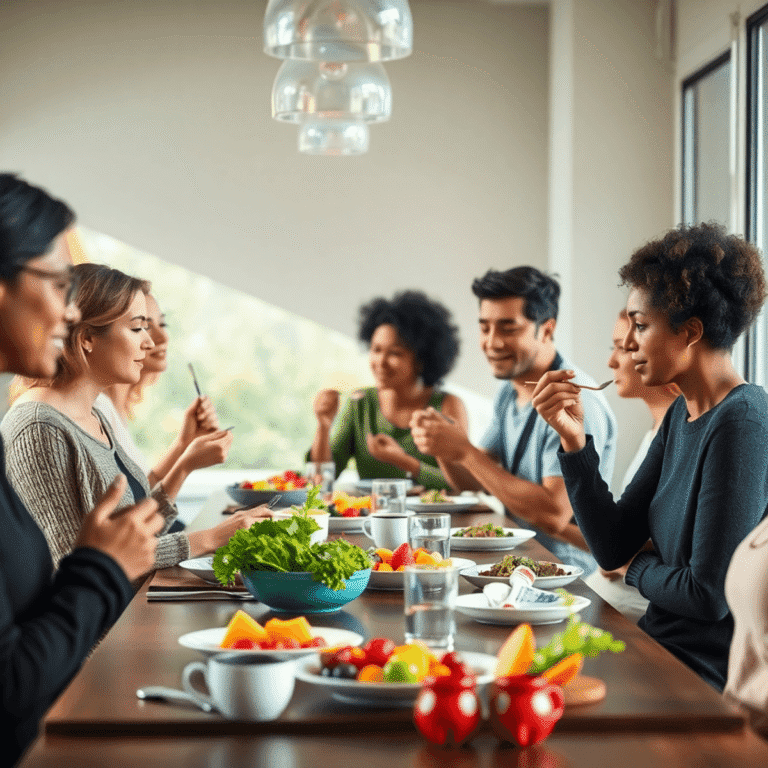 A group of people enjoying a calm meal with fresh fruits and vegetables under soft natural light in a peaceful dining setting.