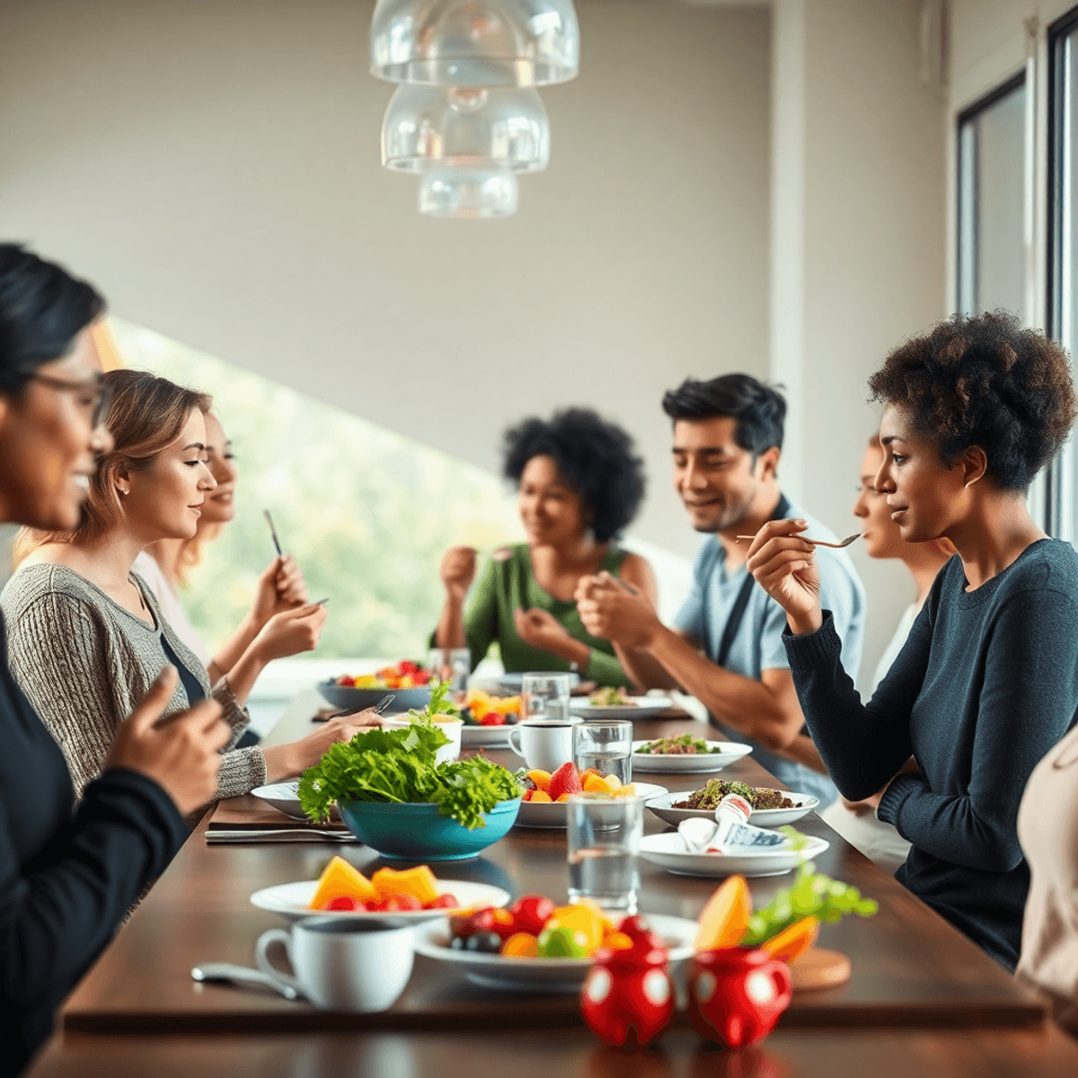 A group of people enjoying a calm meal with fresh fruits and vegetables under soft natural light in a peaceful dining setting.