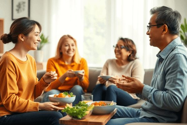 Depression Weight Loss: What You Need to Know A group of people sitting in a cozy living room, sharing healthy meals and engaging in a warm, supportive conversation about mental health and nutr...