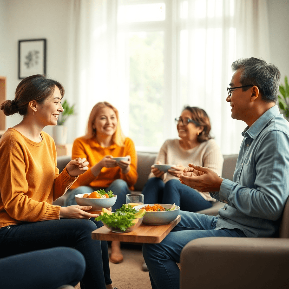 A group of people sitting in a cozy living room, sharing healthy meals and engaging in a warm, supportive conversation about mental health and nutr...