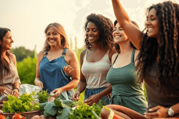 A group of women preparing vegetables, practicing yoga, and smiling outdoors, embodying empowerment and holistic health.