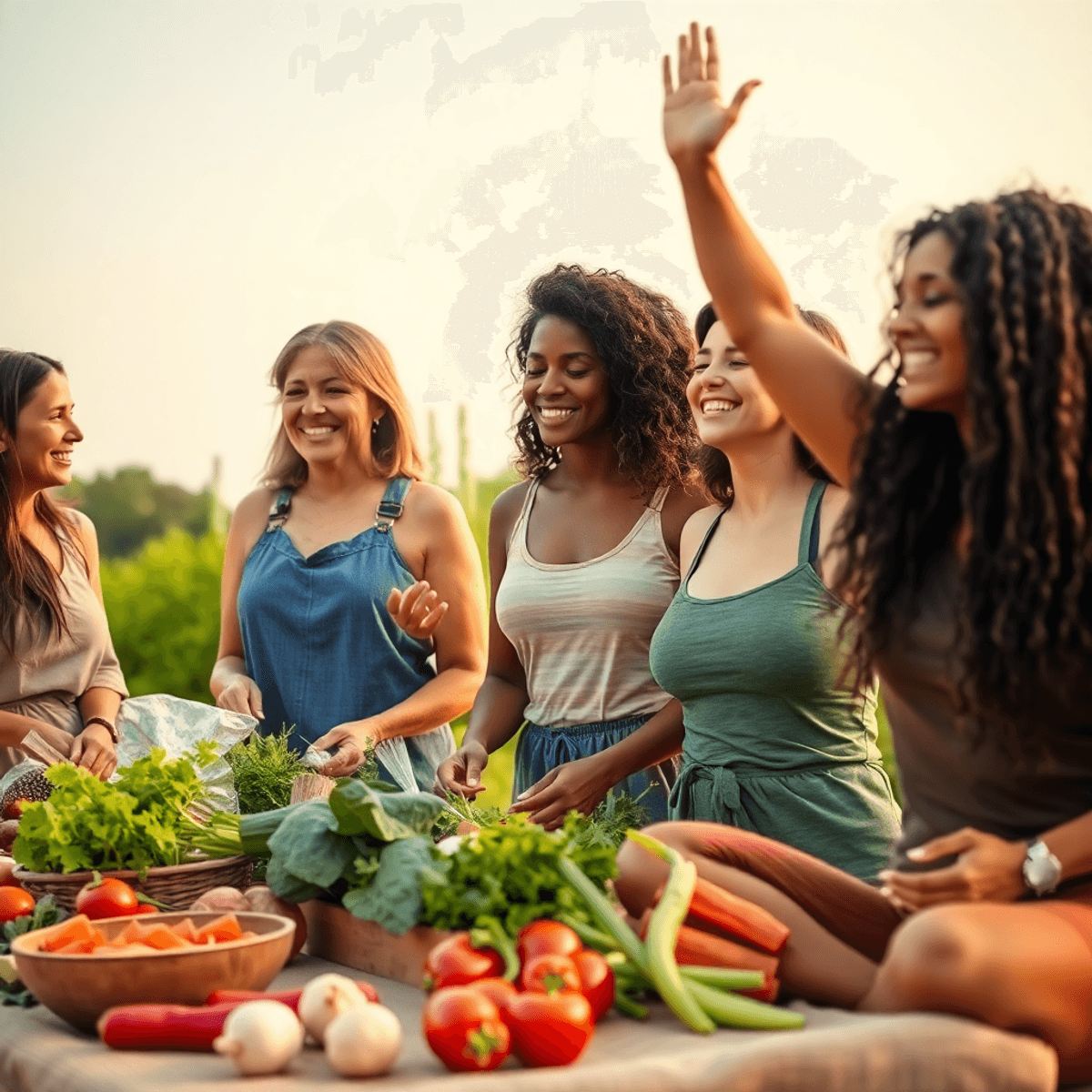 A group of women preparing vegetables, practicing yoga, and smiling outdoors, embodying empowerment and holistic health.