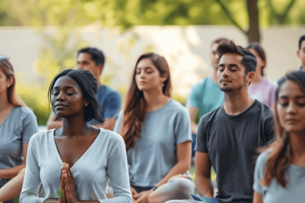 How To Stop Shaking From Anxiety: What You Need to Know A group practicing mindfulness outdoors amid soft light and gentle greenery, promoting calm and stress relief in a realistic setting.