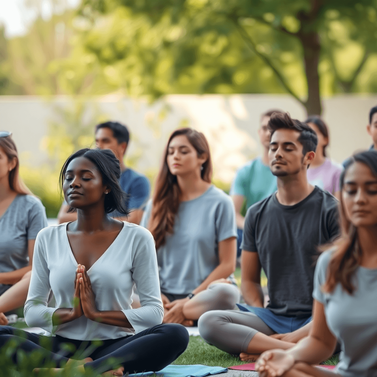 A group practicing mindfulness outdoors amid soft light and gentle greenery, promoting calm and stress relief in a realistic setting.