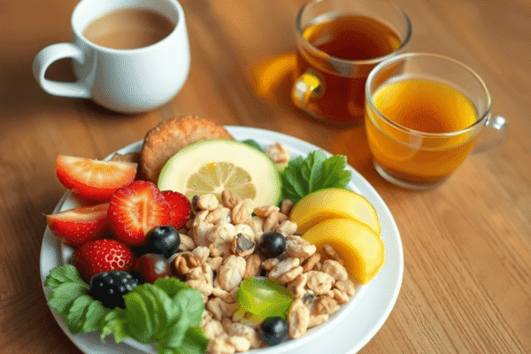 How To Fix Loss Of Appetite Due To Anxiety: What You Need to Know A healthy snack plate with fresh fruits, nuts, vegetables, and a cup of herbal tea on a wooden table, evoking calm and self-care.